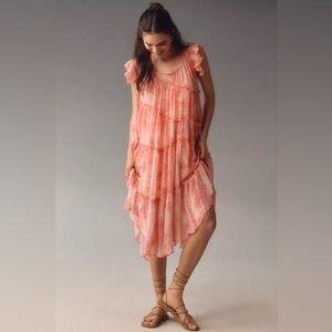 Anthropologie Asymmetric Hanky Tunic Midi Dress Boho Beach Cover Up Pink Peach L
